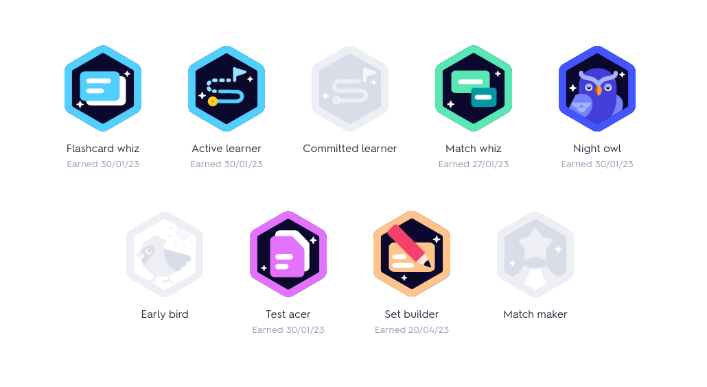 A screenshot of Quizlet achievements. There are a few of them: Flashcard whiz, Active learner, Match whiz, Night owl, Early bird, etc