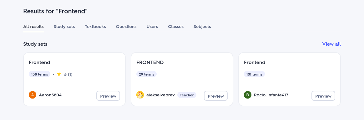 A screenshot of Quizlet search for query "frontend"