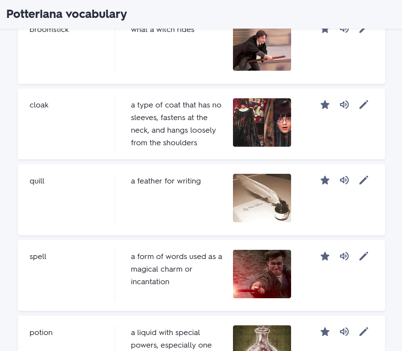 A screenshot of Quizlet set. There are cards with words from Harry Potter with its explanation and image, for example quill, cloak, etc