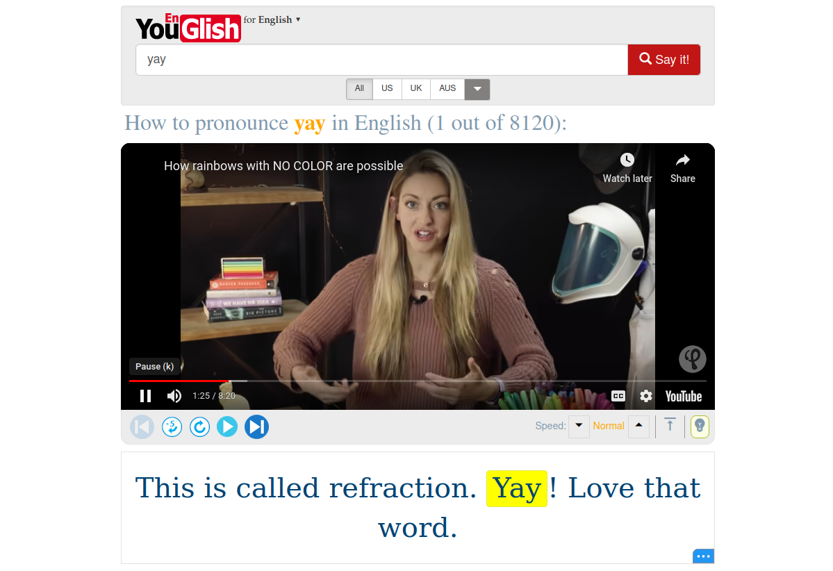 A screenshot of Youglish. I typed the "yay" word into the search bar and there is an result: video where a girl says this word